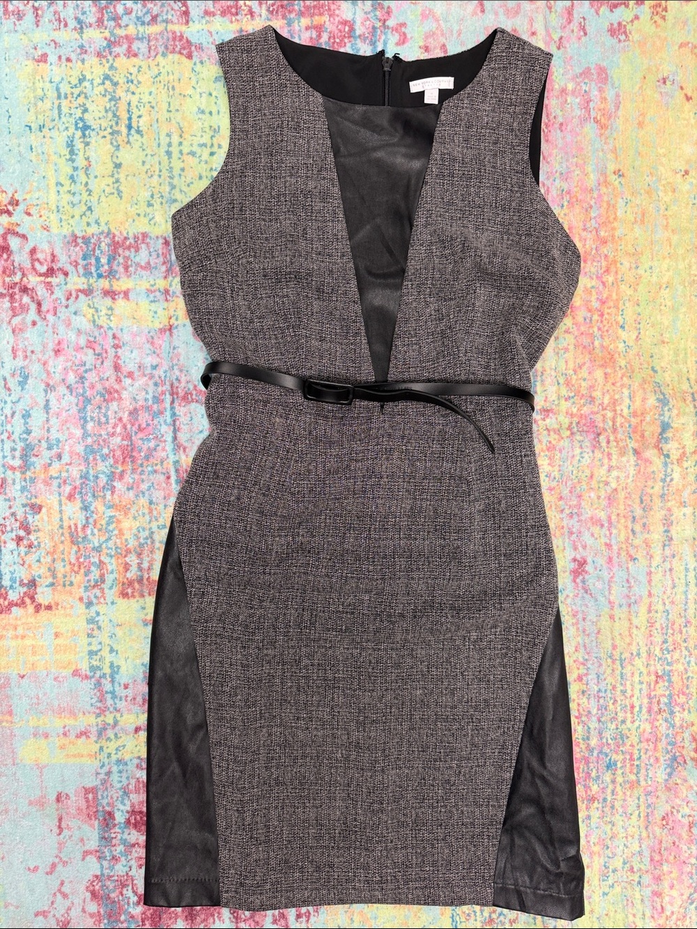 New York & Company Gray Sheath Dress with Black Faux-Leather Panels